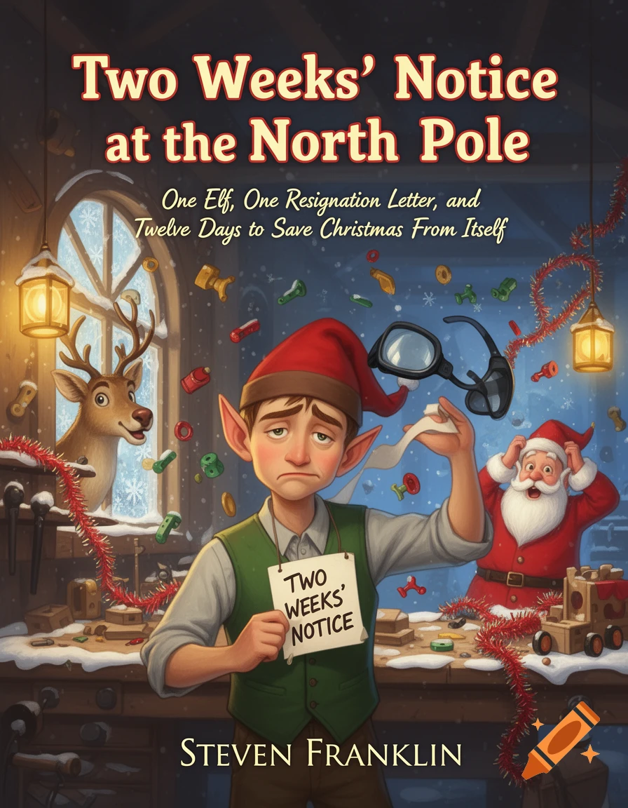 A whimsical Christmas book cover illustration shows a weary elf holding a 'Two Weeks' Notice' sign in a chaotic North Pole workshop.