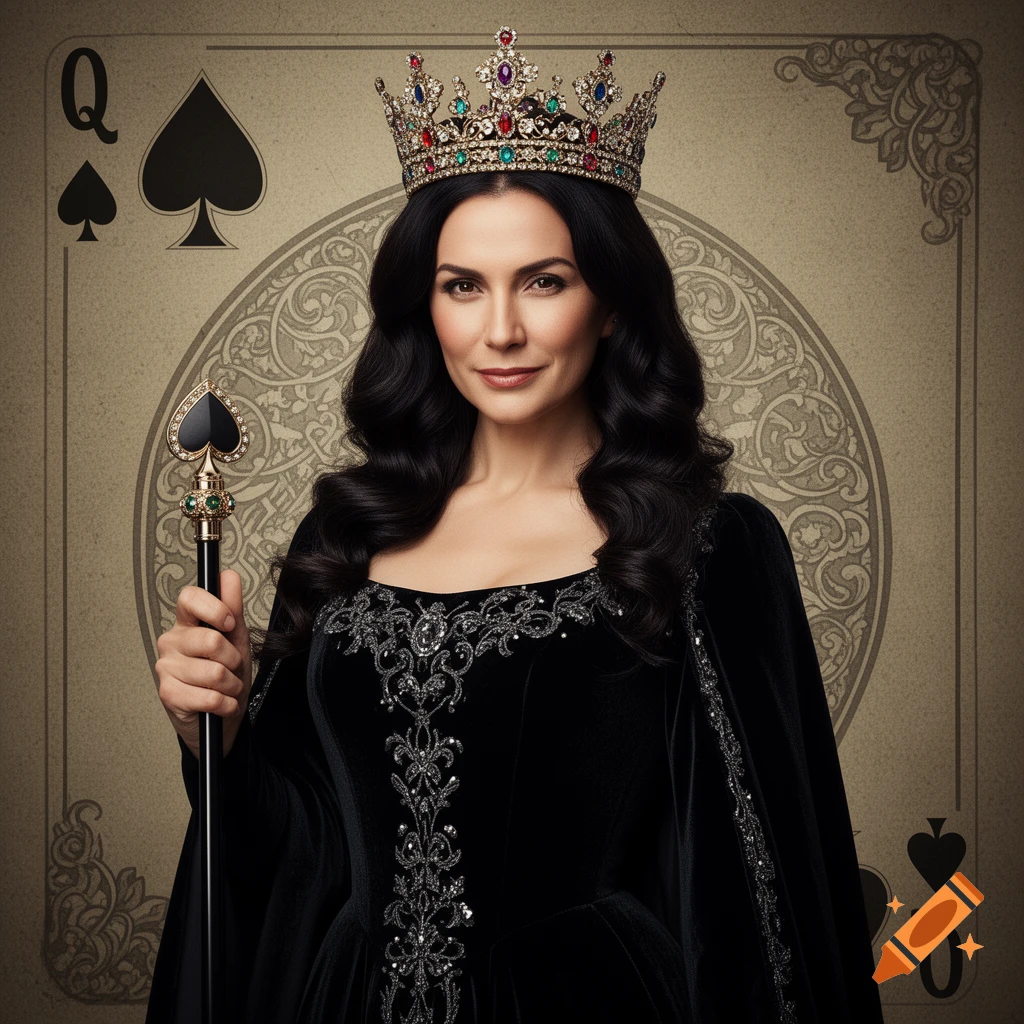 A woman as the Queen of Spades, with a jeweled crown and black gown, holding a spade scepter against a card background.