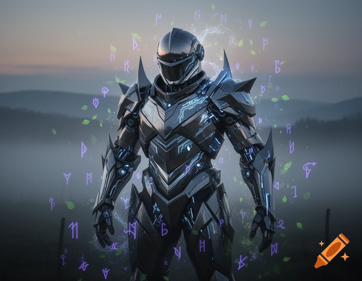 A dark cybernetic knight in pointy armor stands in a misty landscape, surrounded by glowing purple runes and green leaves, symbolizing magic.