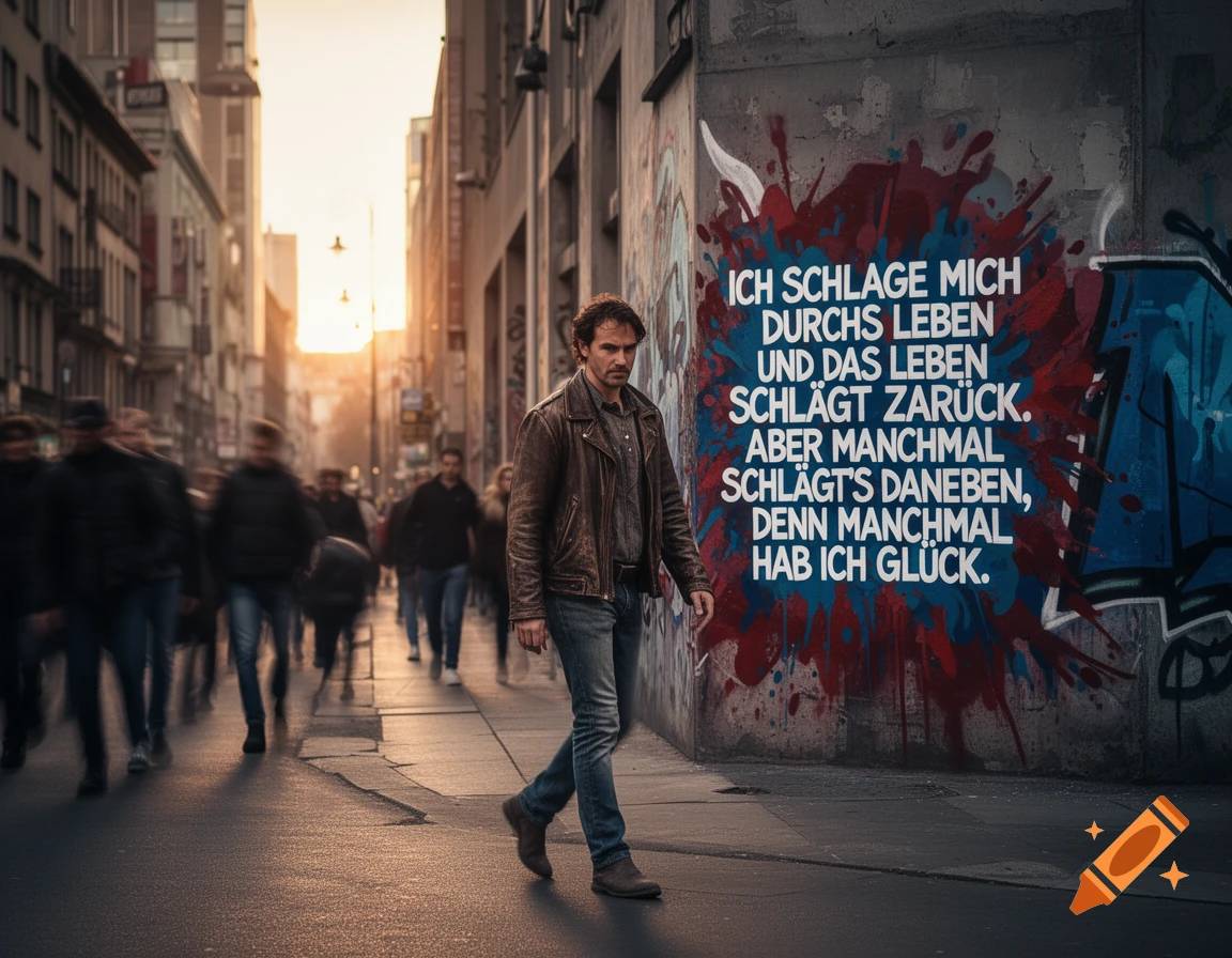 A man in a leather jacket walks on a city street past a wall with German graffiti at sunset, photorealistic style.
