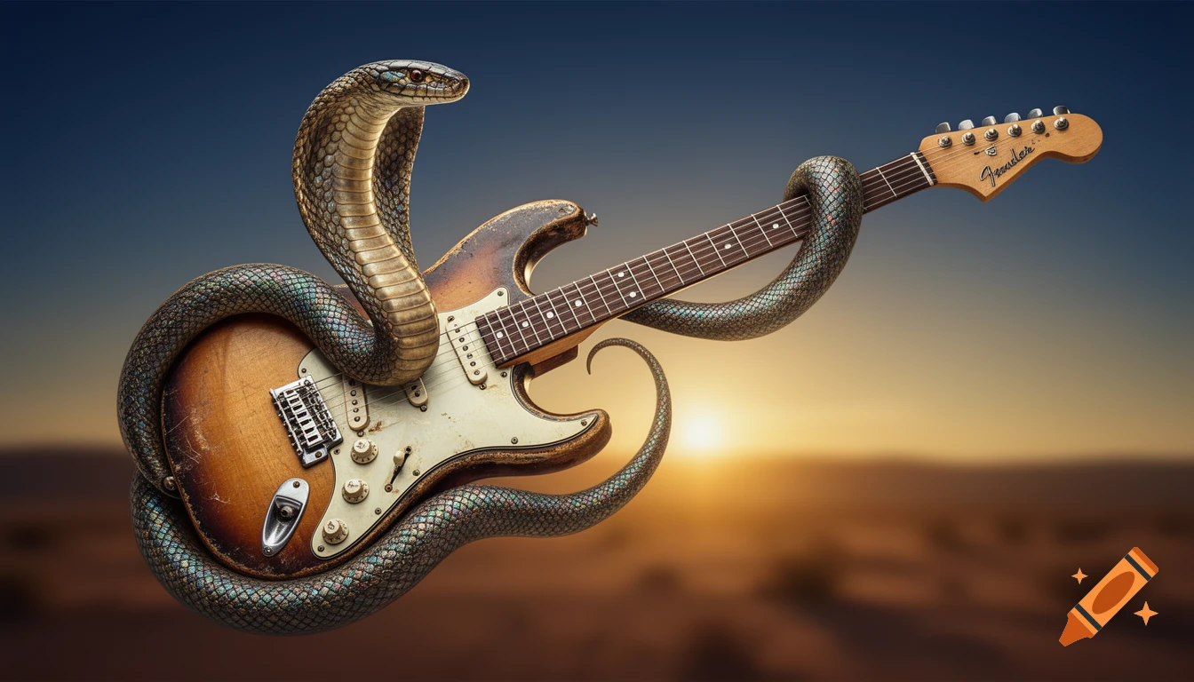 Photorealistic cobra intricately wrapped around a vintage Fender electric guitar against a blurred desert sunset.