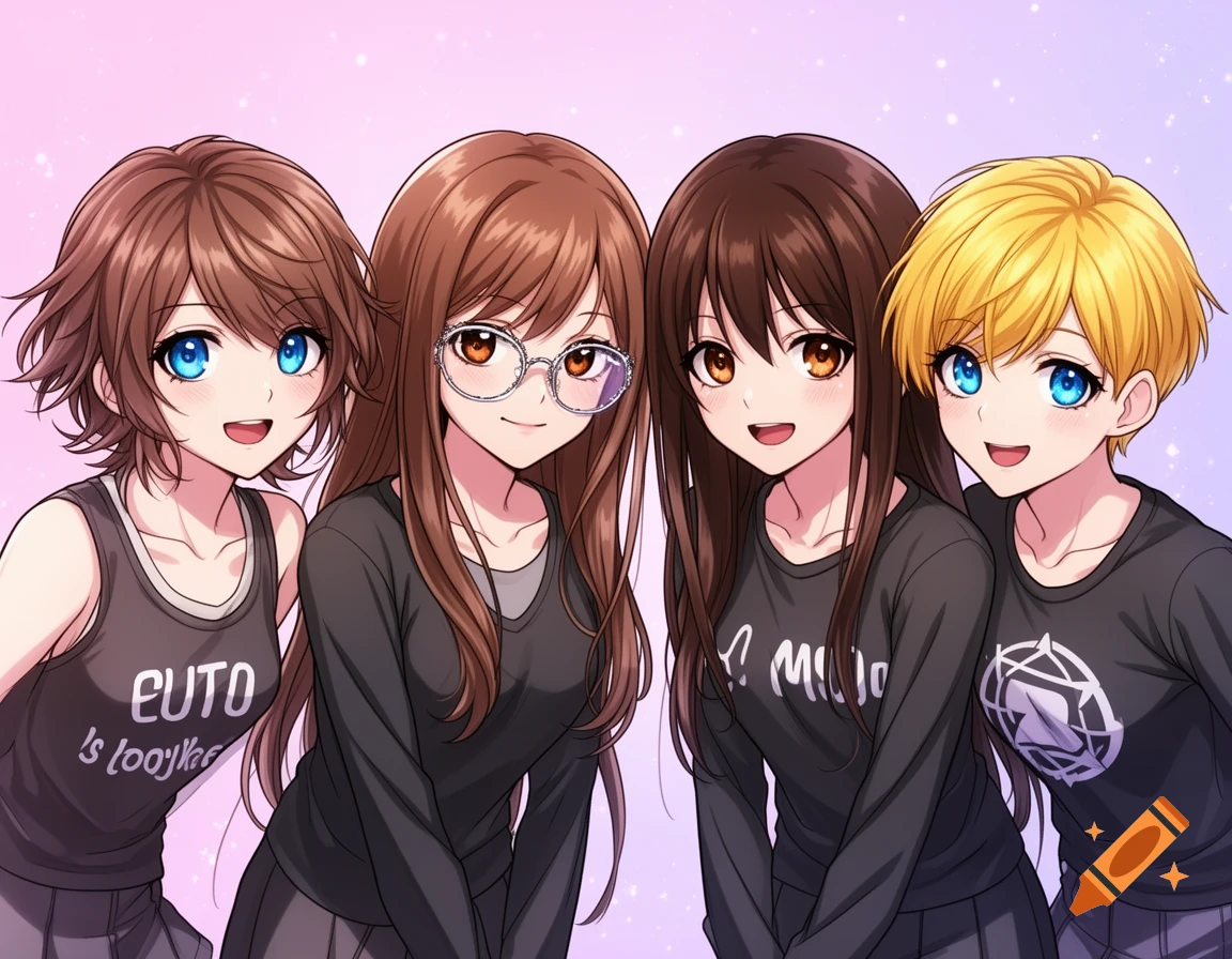 Four anime-style girls smiling, with various hair and eye colors. One wears glasses, and two have garbled text on their dark shirts.