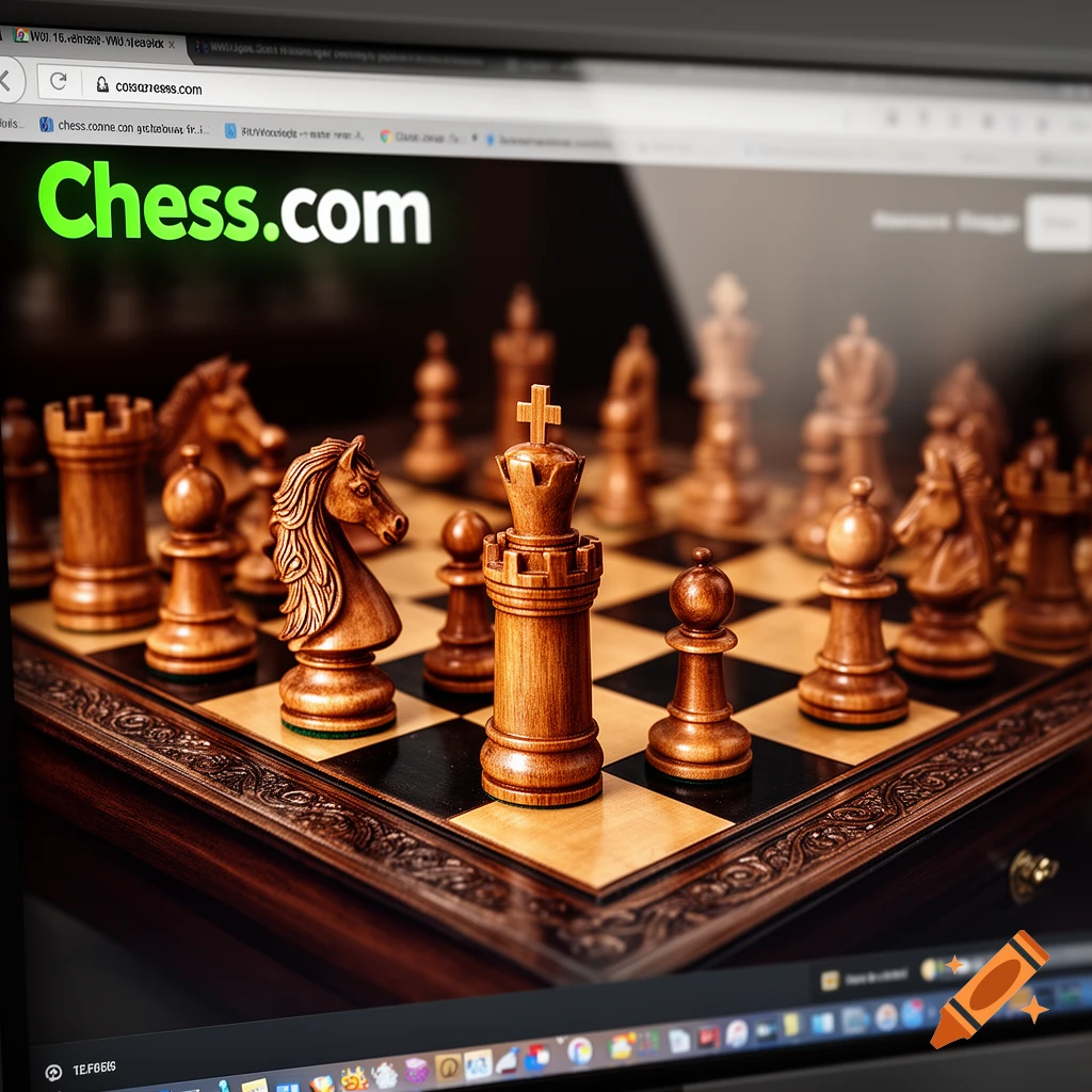 A photorealistic image of a wooden chess set displayed on a computer screen with the "Chess.com" logo visible.