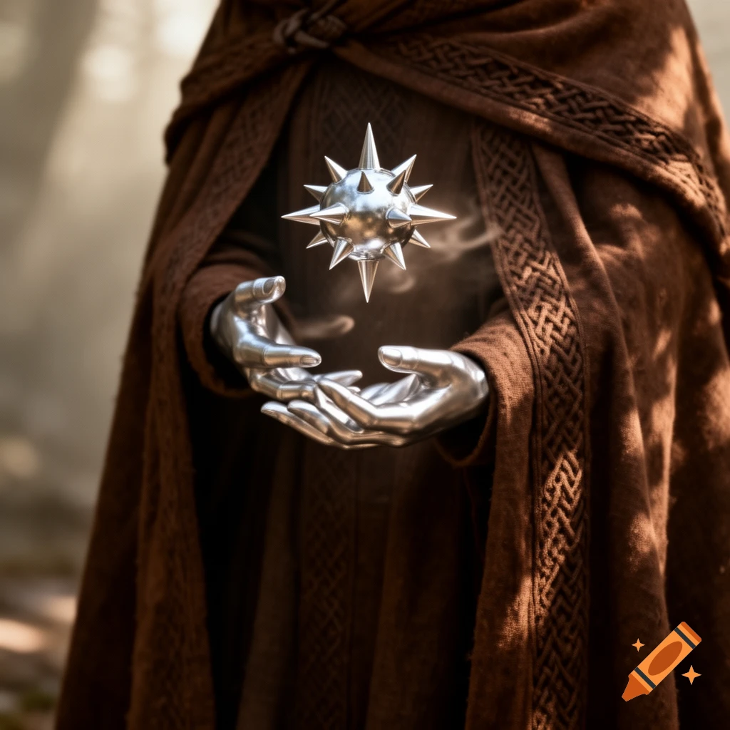A figure in a brown cloak with two silver hands levitates a spiky silver orb, emitting light.