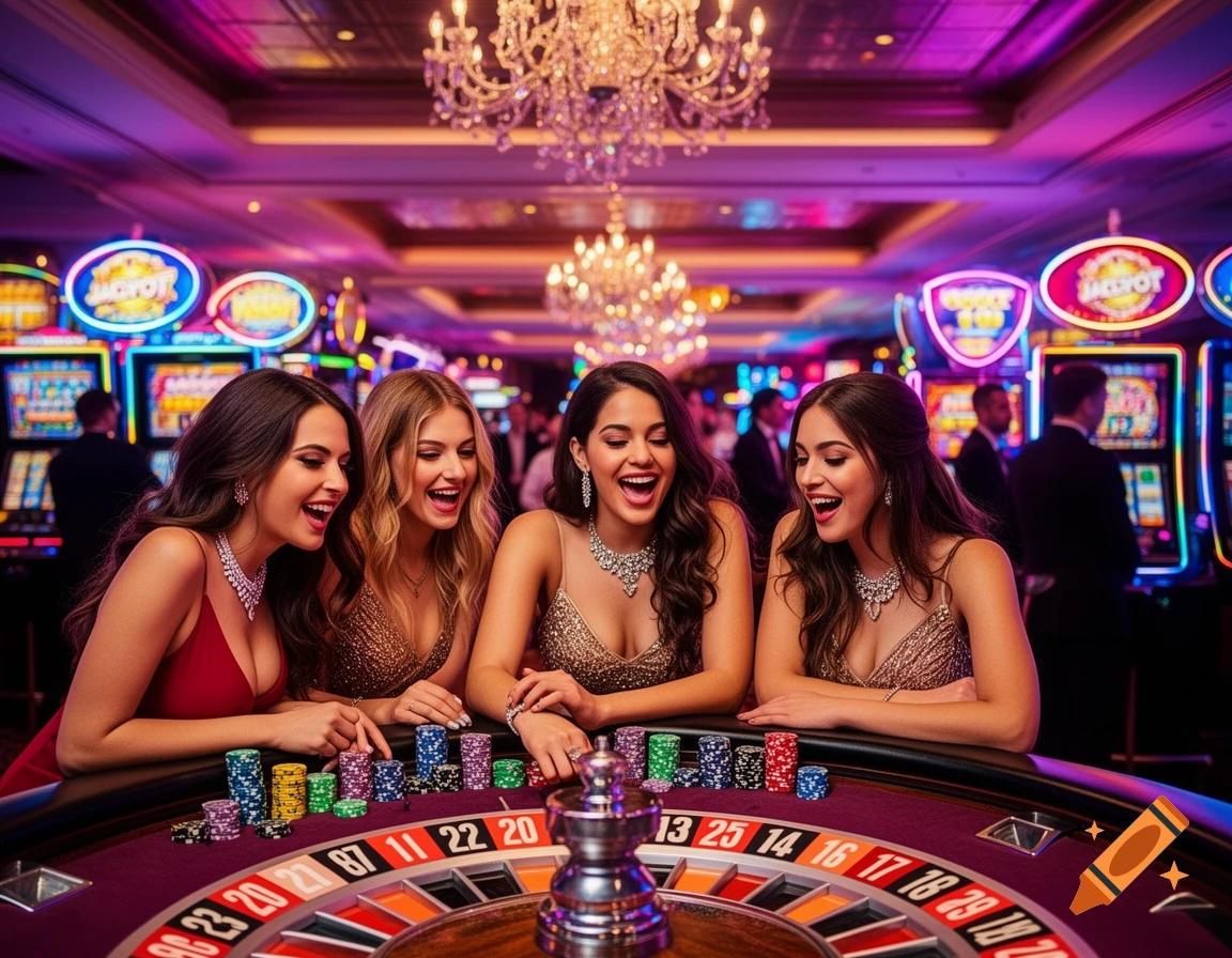 Four laughing women in elegant dresses play roulette at a brightly lit casino, surrounded by slot machines.