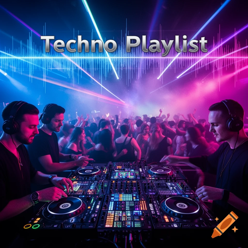 Two DJs mixing music on illuminated equipment in a crowded, dark club with colorful laser lights and 'Techno Playlist' text.