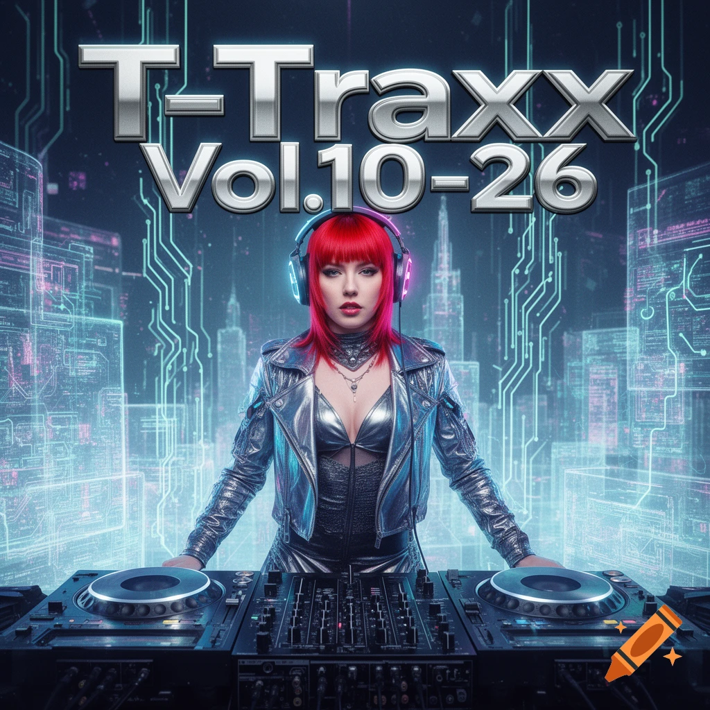 A red-haired female DJ with headphones at turntables, wearing a metallic jacket, against a futuristic city backdrop. Text reads 'T-Traxx Vol.10-26'.