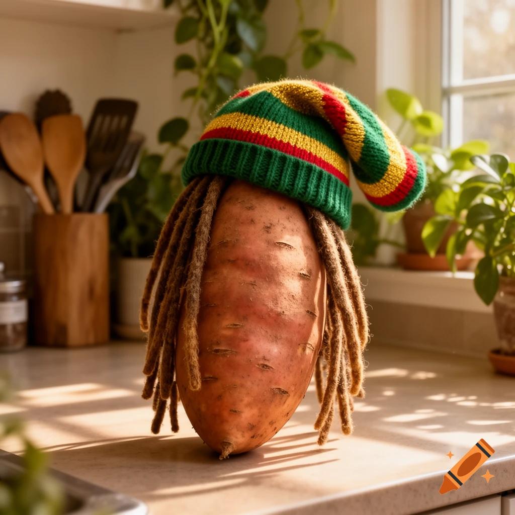 A sweet potato wearing a green, yellow, and red Rastafarian hat with dreadlocks, sitting on a kitchen counter in sunlight.