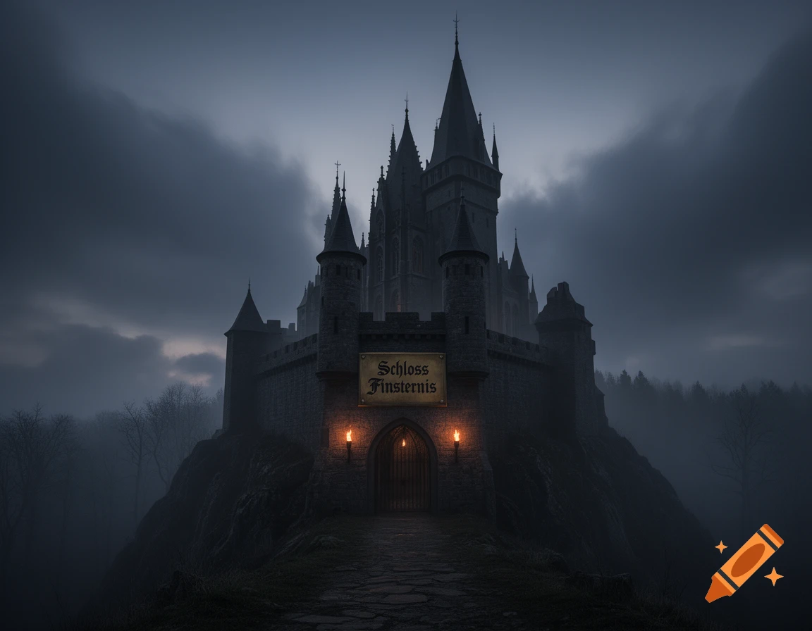 A dark gothic castle on a rocky hill, shrouded in mist under a cloudy sky, with a sign reading "Schloss Finsternis" above its glowing entrance.