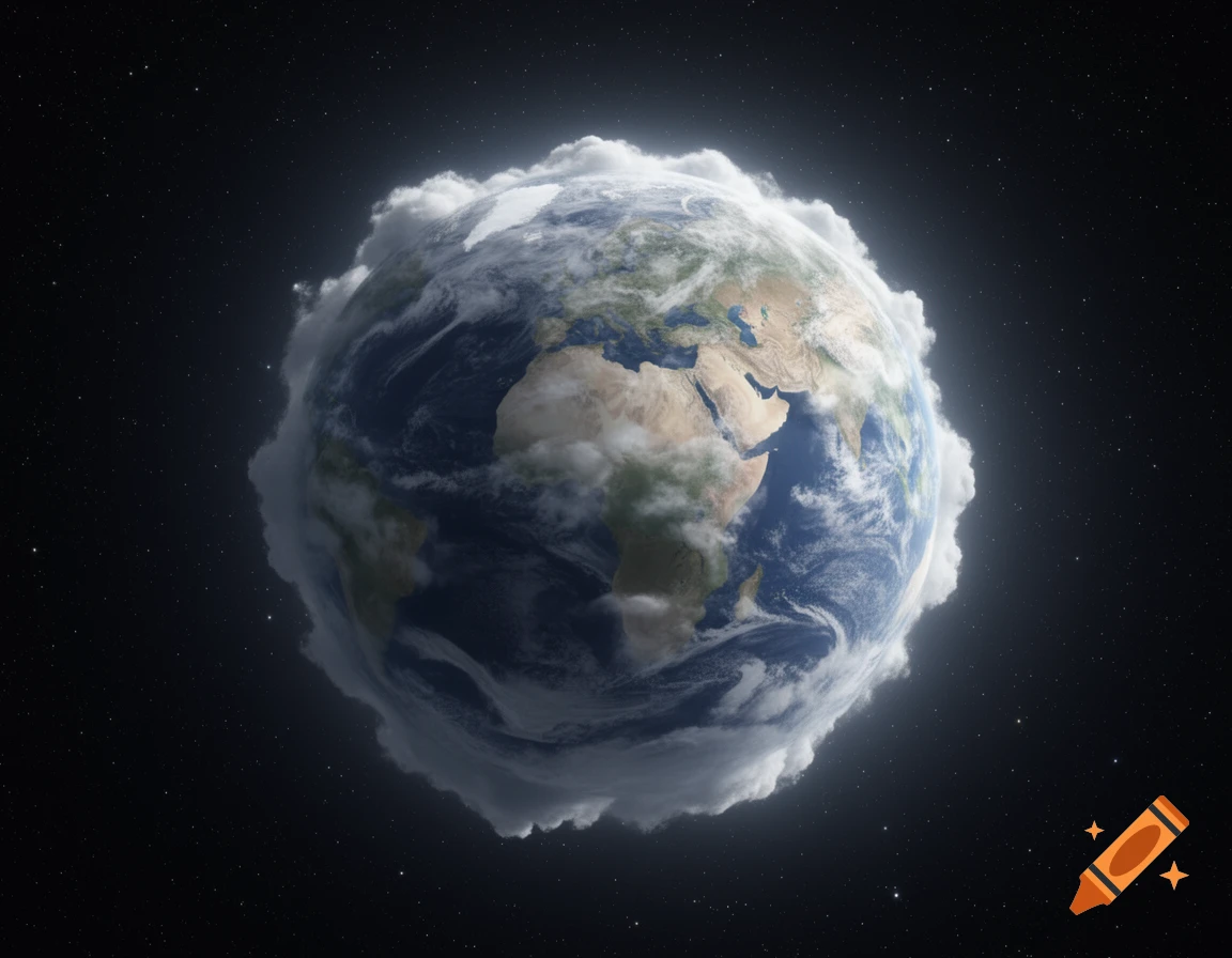 Photorealistic image of Earth partially obscured by white clouds, floating in the dark expanse of space with distant stars.