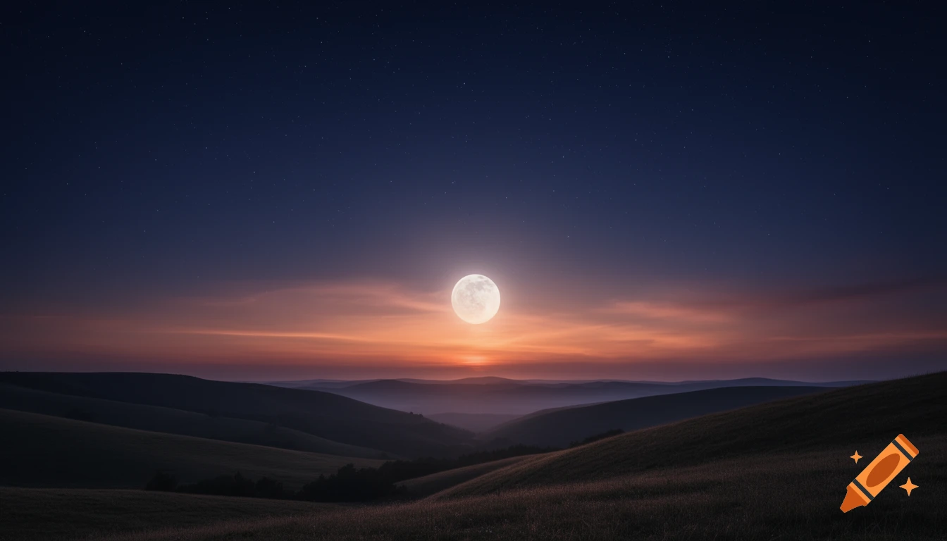 A full moon glows above rolling hills at twilight, with a starry deep blue and orange sky.
