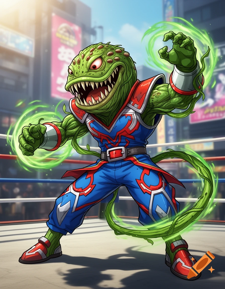 Cartoonish green plant-monster in wrestling gear with sharp teeth and red eyes, generating green energy in a boxing ring.