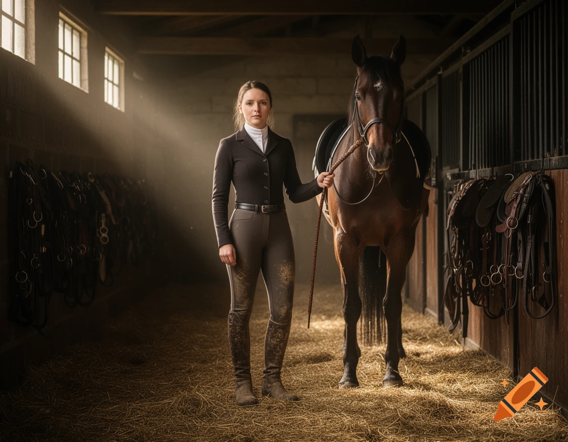 Photorealistic image of an equestrian woman holding a riding crop next to a horse in a sunlit stable.
