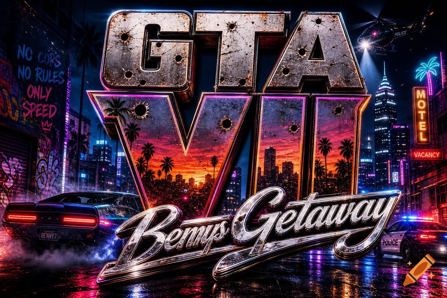 A neon-lit GTA VII logo with 'Bennys Getaway' in a vibrant city at night, featuring a getaway car, police car, and helicopter.