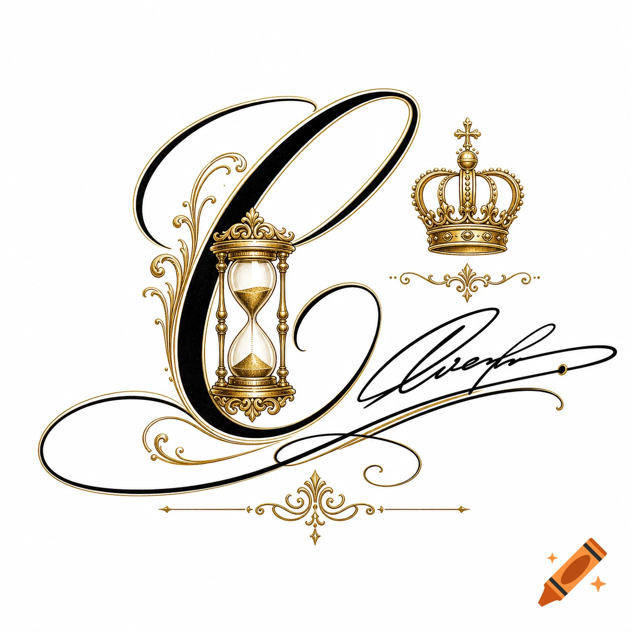 An ornate black cursive letter C with golden embellishments, featuring an hourglass, a small golden crown, and a stylized signature on a white background.