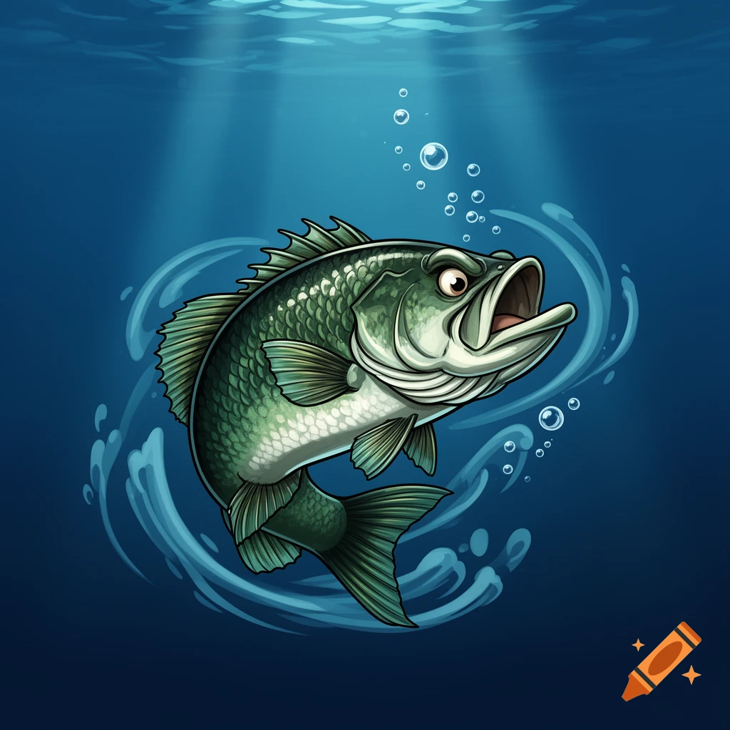A cartoon illustration of a tough-looking largemouth bass fish with its mouth open, swimming underwater with bubbles.