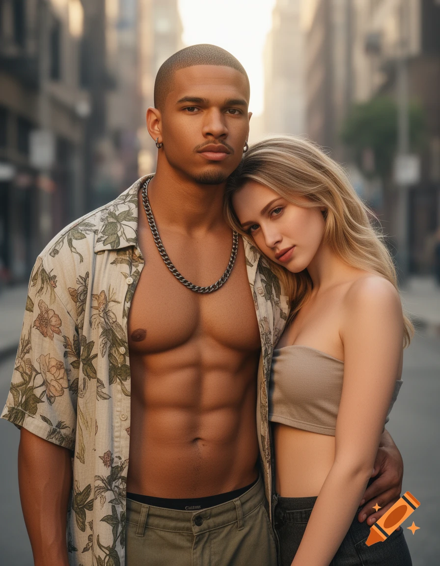 A muscular man with an open floral shirt and a chain embraces a blonde woman in a strapless top on a city street.