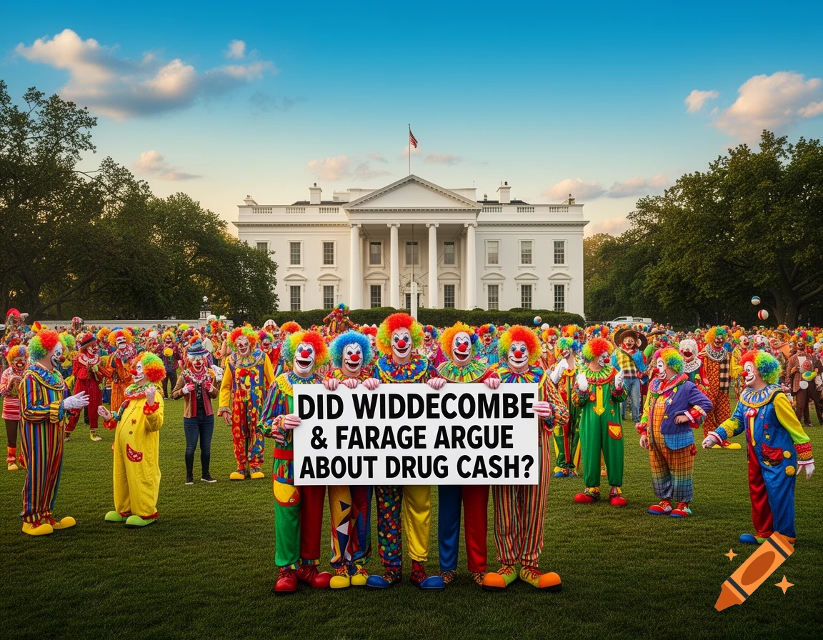 A large crowd of clowns holds a sign that reads 'Did Widdecombe & Farage argue about drug cash?' on the White House lawn.