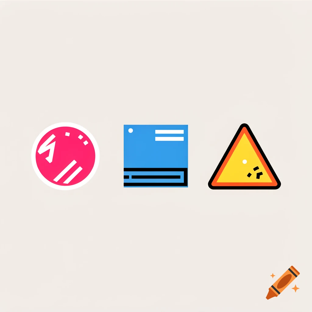 Three minimalist graphic icons on a light background: a pink circle with white abstract shapes, a blue square with white and black lines, and a yellow triangular warning sign with black debris.