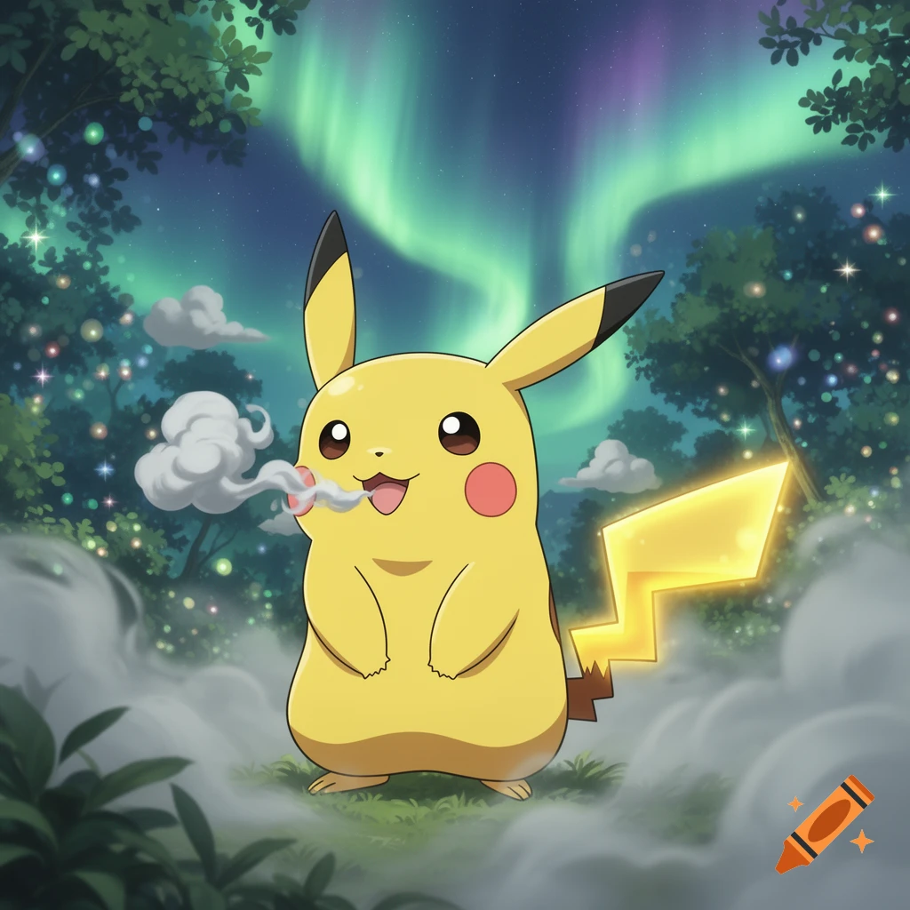 Cartoon Pikachu exhaling smoke in a glowing forest under the aurora borealis.