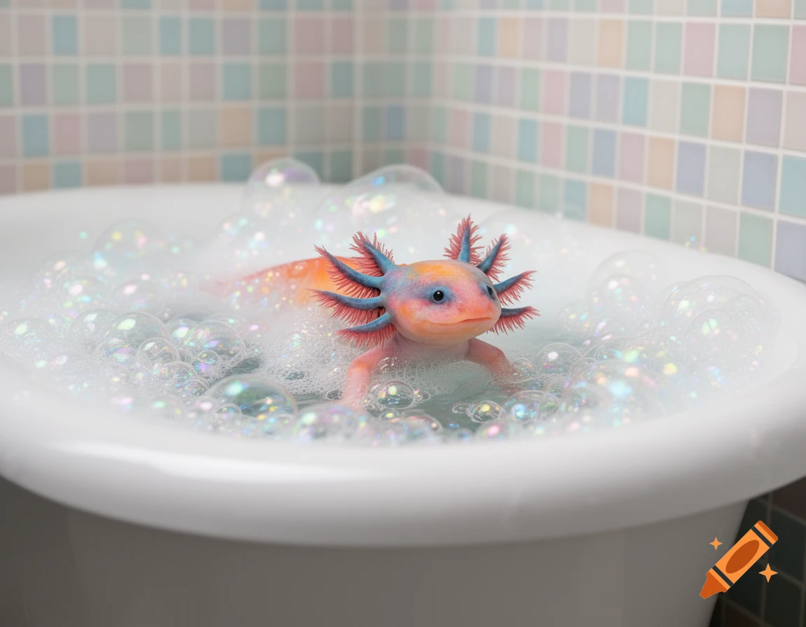 A colorful axolotl with blue and pink gills rests in a white bathtub filled with iridescent bubbles, against a pastel tiled background.