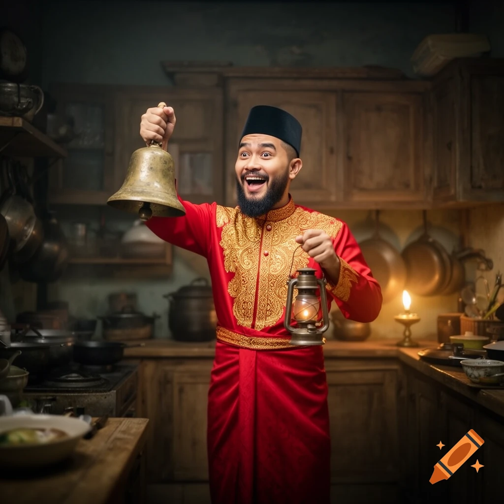 A smiling man in red traditional attire holds a brass bell and a lantern in a rustic kitchen.