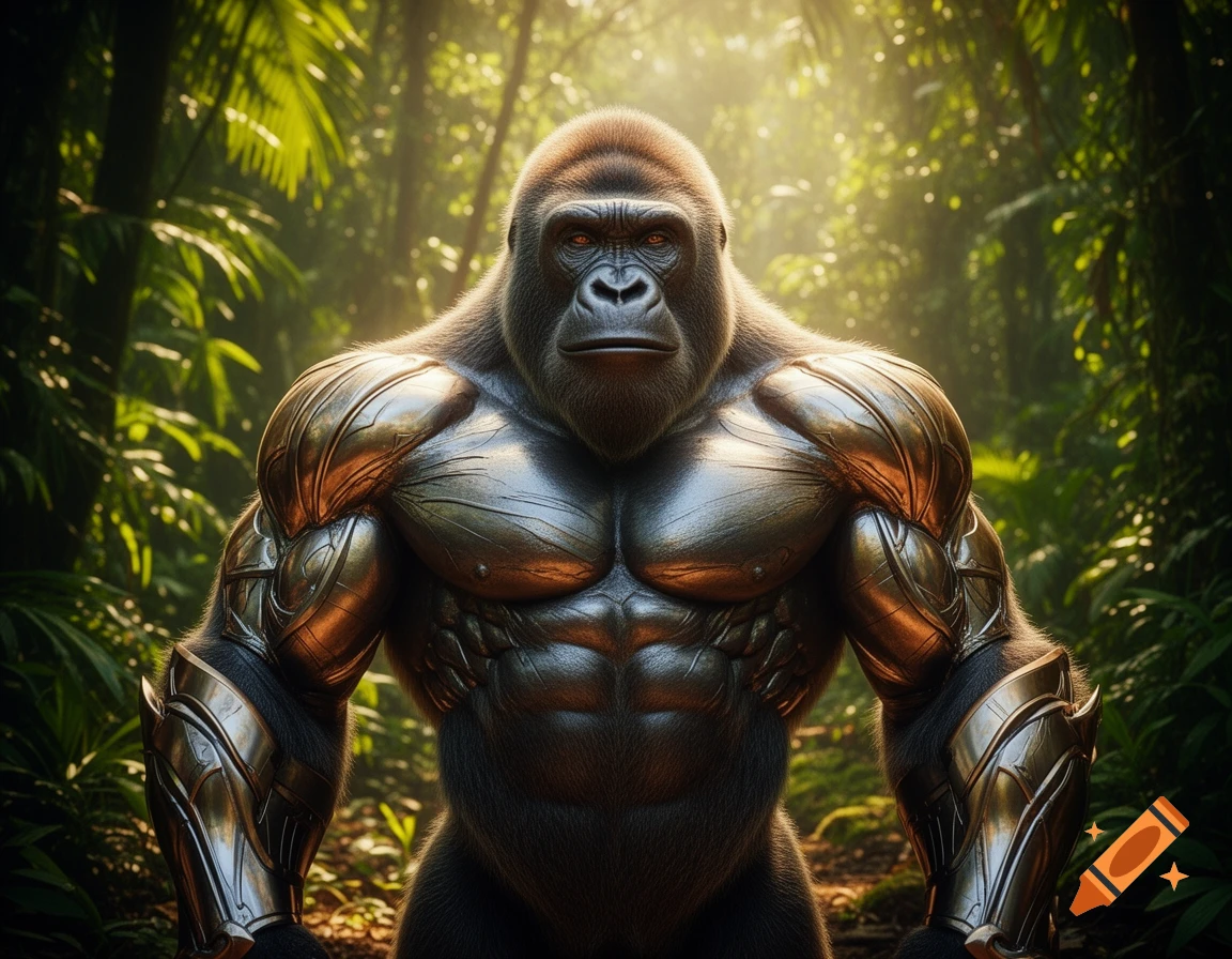 A muscular gorilla-like creature in golden and silver armor stands in a sunlit, lush jungle.