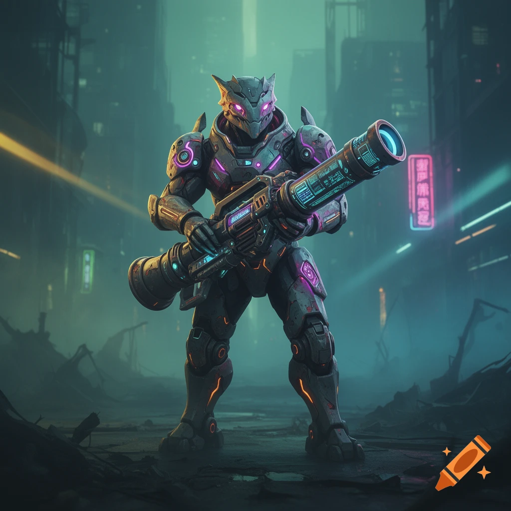 A futuristic armored character, resembling a robot or mecha, holding a large bazooka-like weapon in a neon-lit, dystopian cityscape.