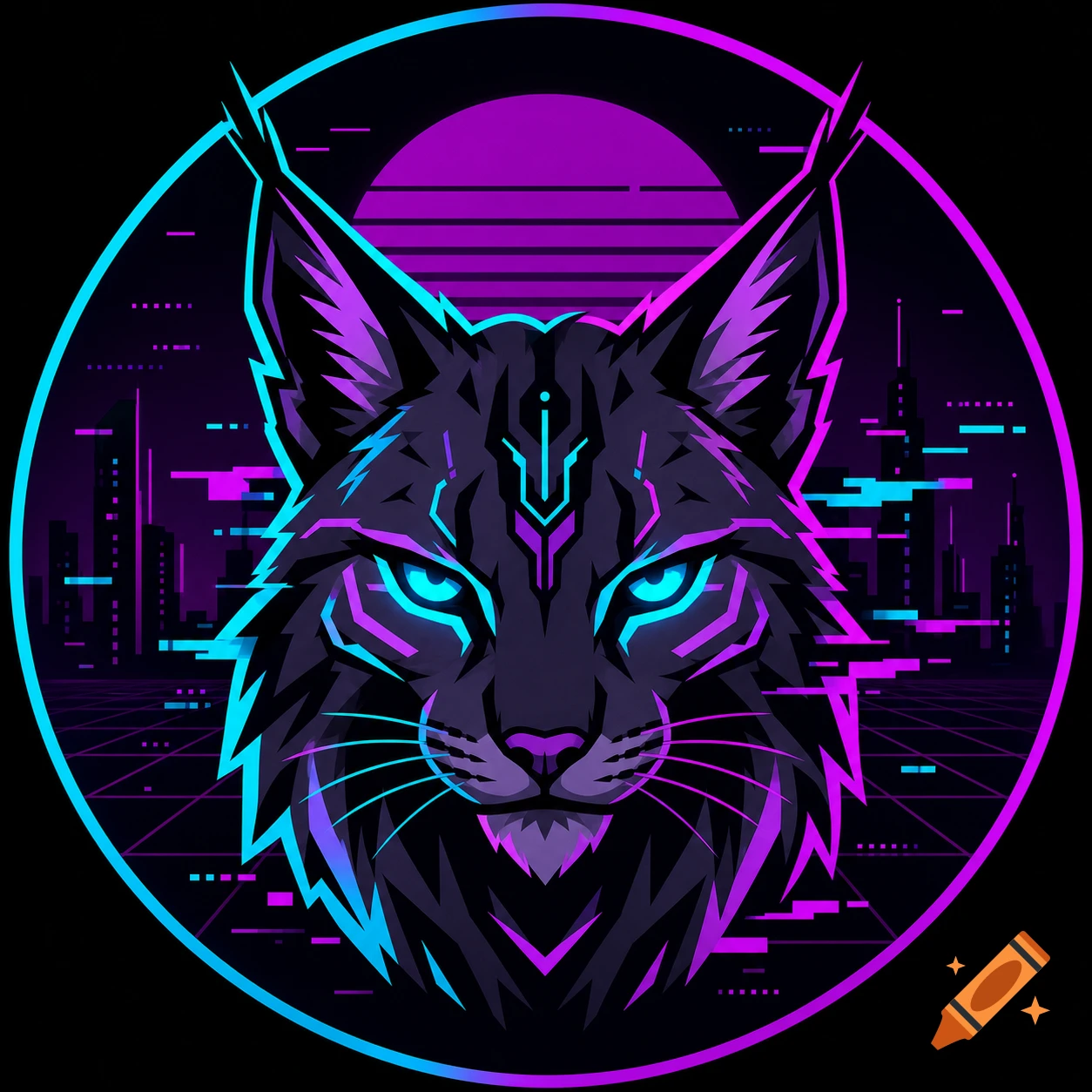 A stylized cyberpunk lynx head with glowing neon cyan and purple accents, digital glitch effects, against a dark synthwave cityscape background.