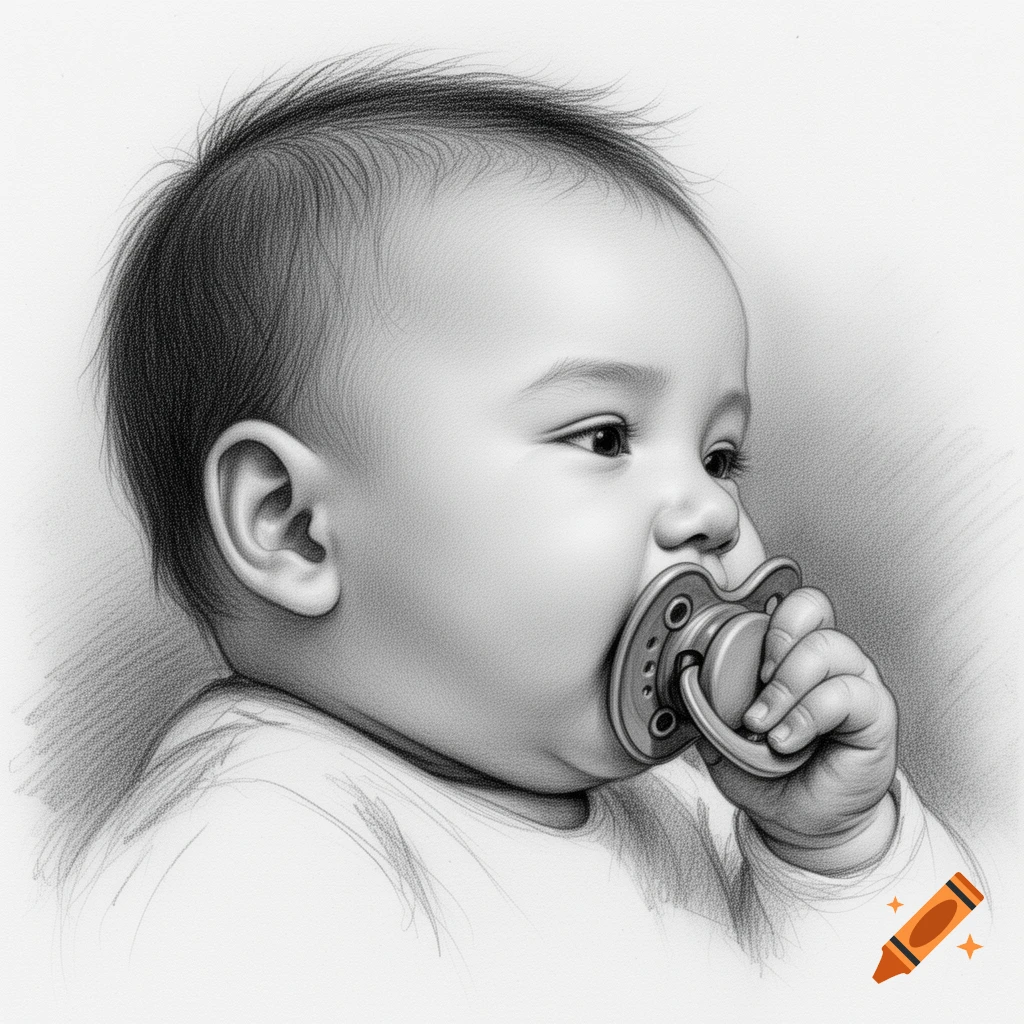 Black and white pencil sketch of a baby with a pacifier in its mouth, looking to the right.