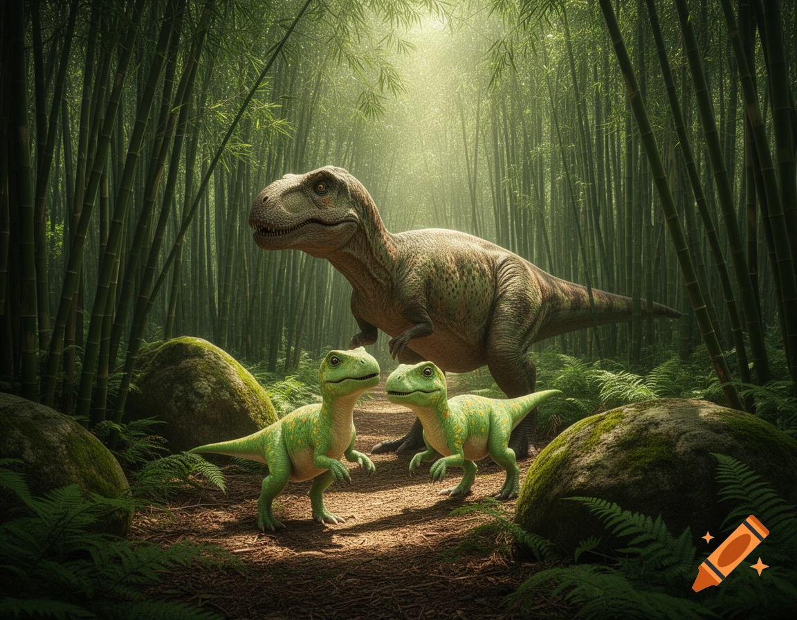 A large, realistic dinosaur stands with two smaller baby dinosaurs in a misty, lush bamboo forest with mossy rocks and ferns.