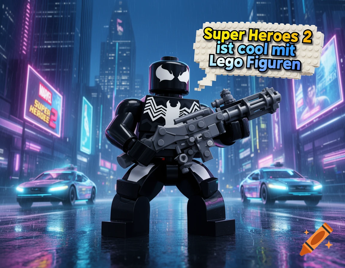Lego Venom minifigure holding a minigun in a neon-lit cyberpunk city, with a speech bubble saying 'Super Heroes 2 ist cool mit Lego Figuren'.