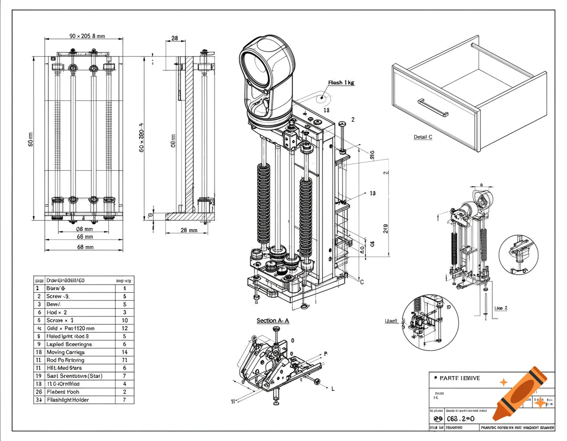 Detailed black-and-white patent-style blueprint of a spring-powered vertical flashlight pop-up mechanism with multiple views, dimensions, and a Bill of Materials.