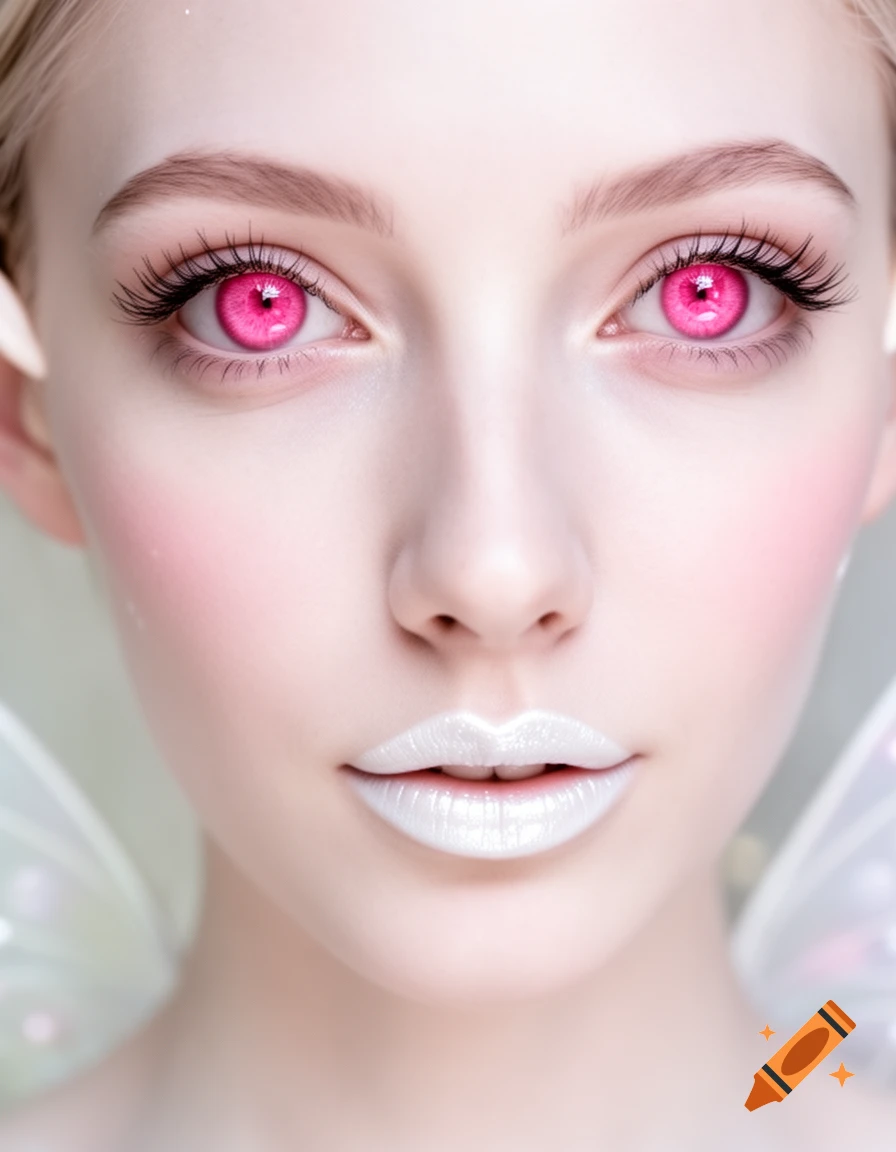 Close-up portrait of a woman with pale skin, bright pink eyes, long lashes, pearly white lipstick, and subtle fairy ears.