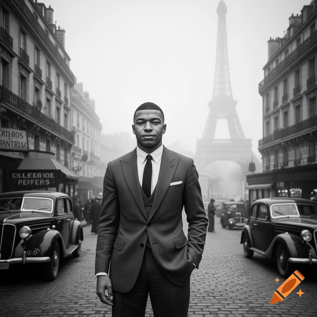 Photorealistic black and white portrait of a man in a suit on a Parisian cobblestone street with vintage cars and the misty Eiffel Tower, 1940s style.