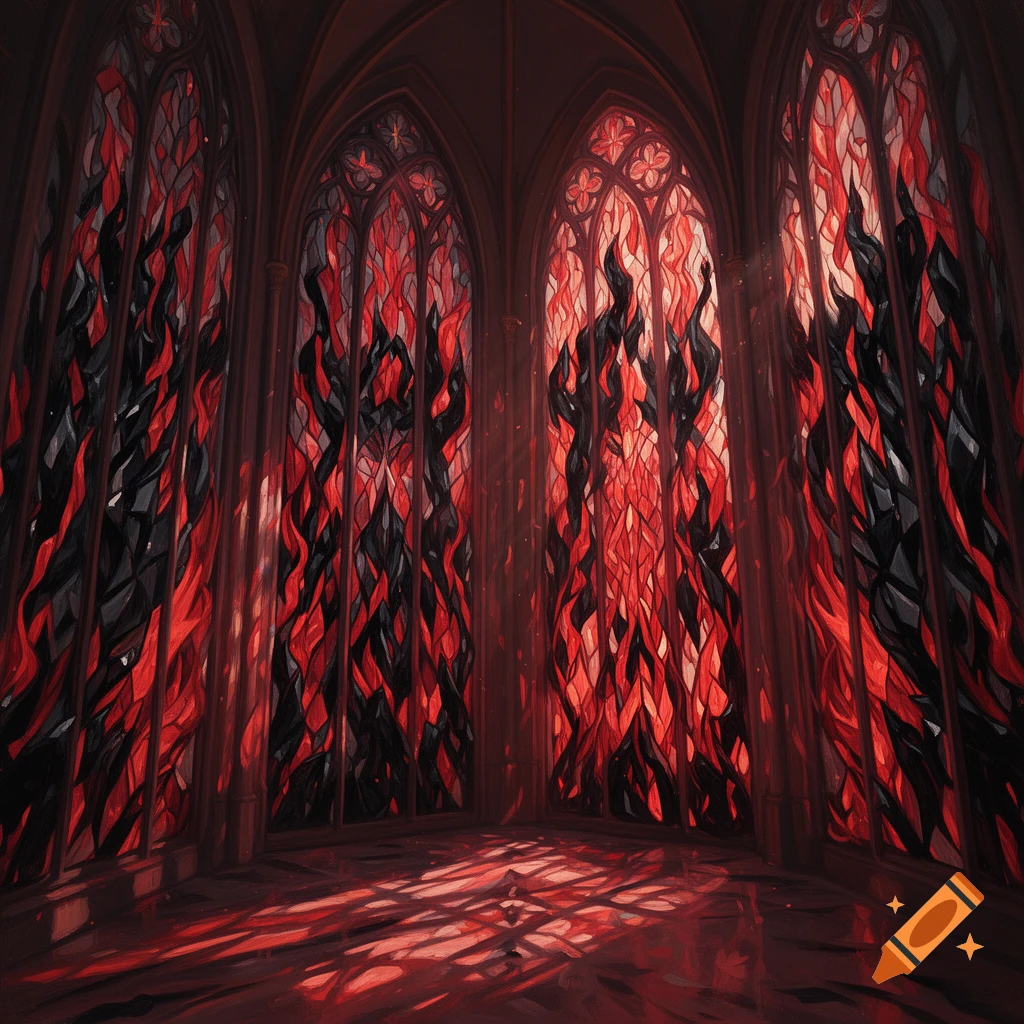 Gothic cathedral interior with red and black flame-like stained glass windows casting light patterns on the floor.