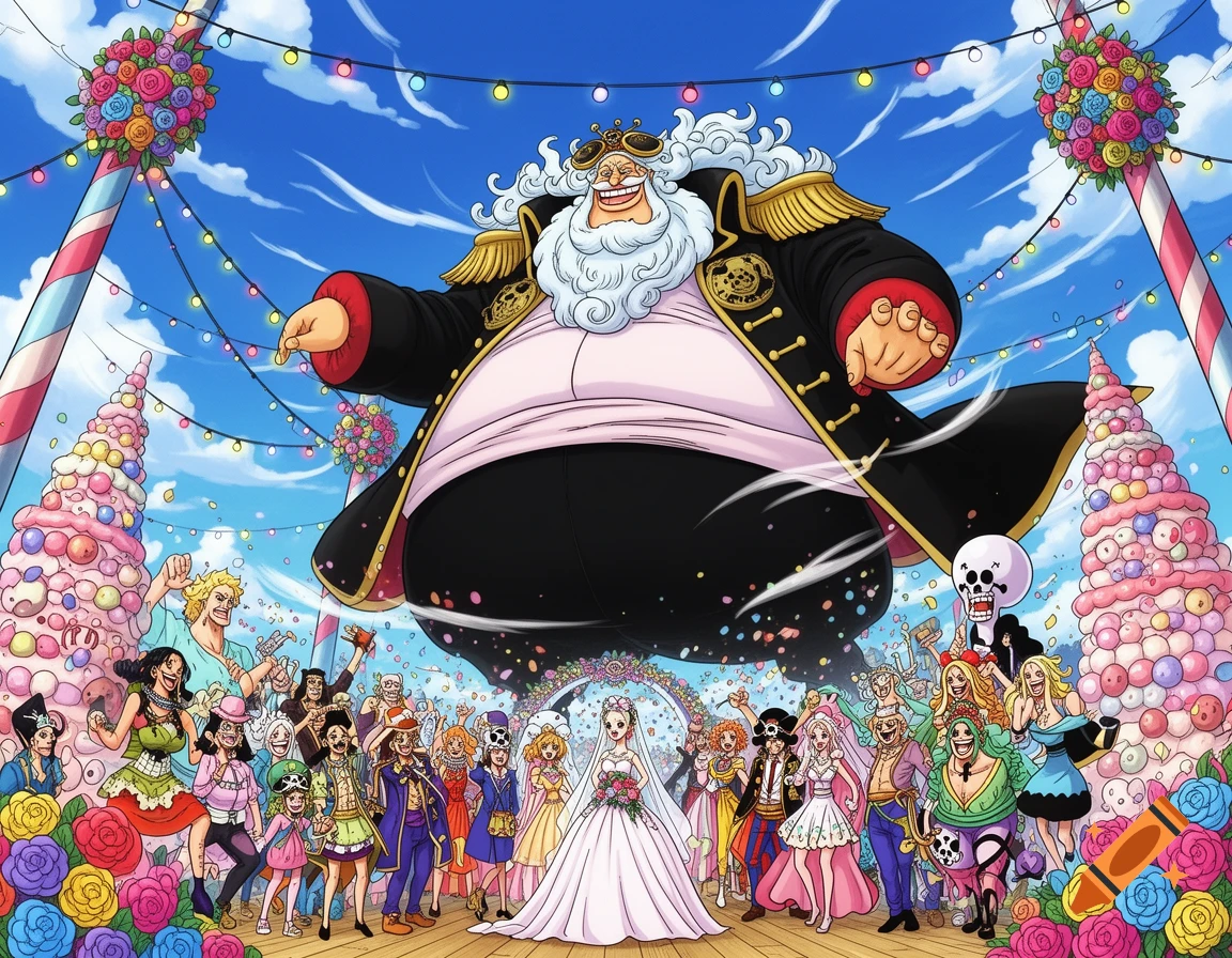 An anime-style wedding with a giant, Santa-like man floating above a festive crowd, colorful flowers, and large candy-like decorations under a blue sky.