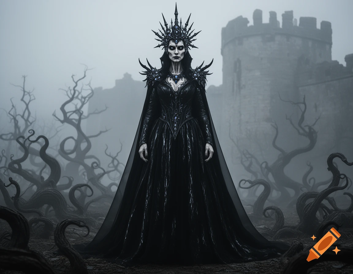 A pale, dark queen in a spiked crown and black gothic gown stands in a foggy, twisted forest with a castle ruin behind her.