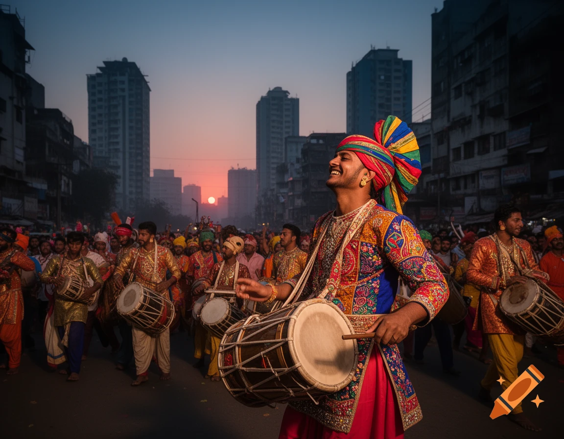 A man in a vibrant traditional outfit smiles while playing a drum during a street procession at sunset, surrounded by other drummers and city buildings.