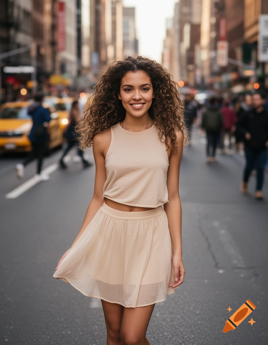 A smiling young woman with long curly hair and a neutral-toned outfit walks down a bustling city street with yellow taxis.