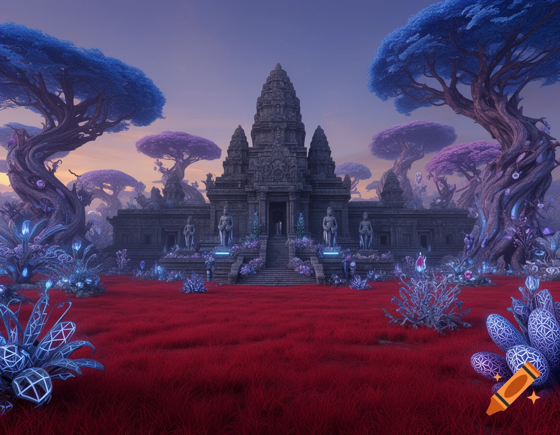 A fantasy temple complex with a tall central spire, flanked by surreal, gnarled blue and purple trees, set in a vibrant red grassy field under a twilight sky.