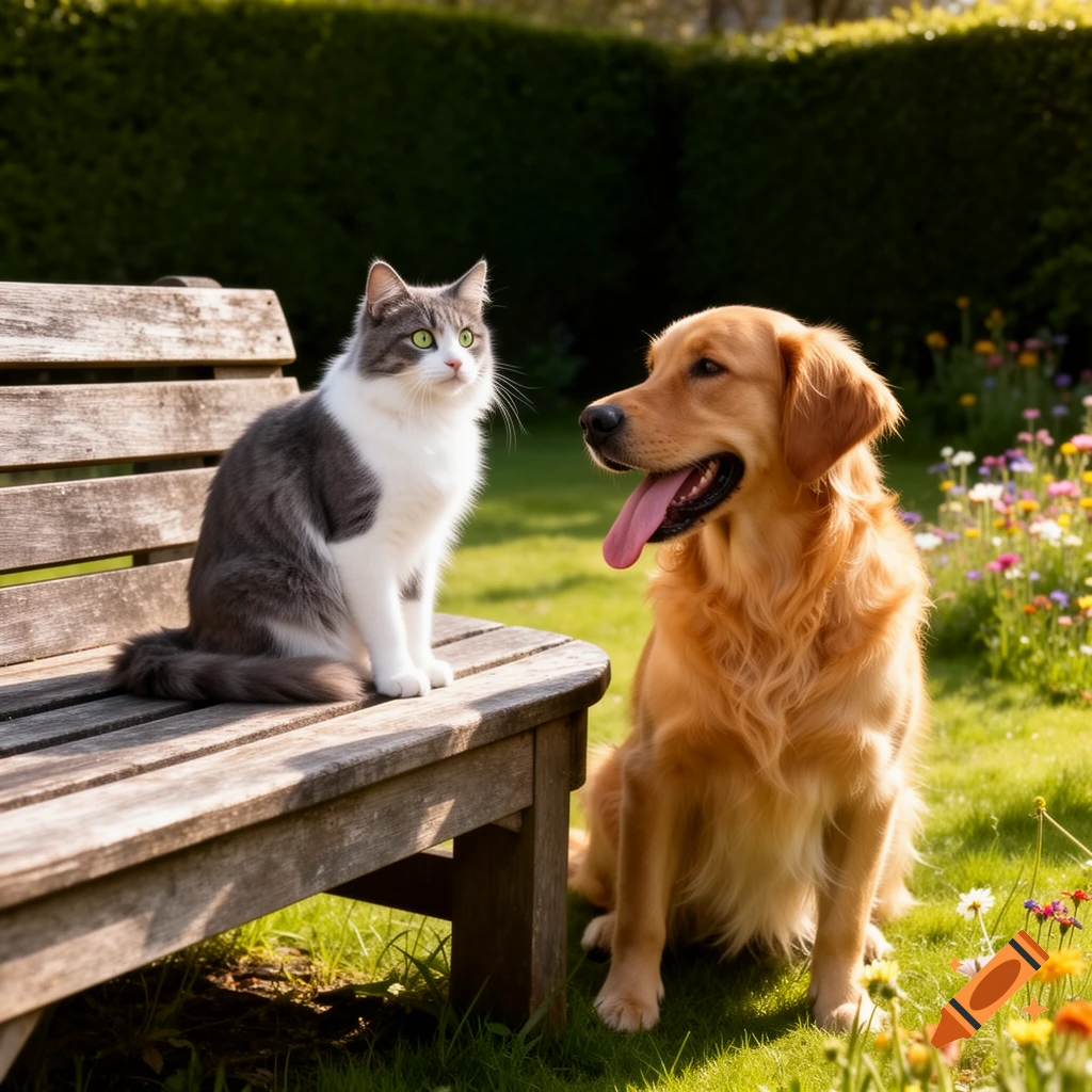 A gray and white cat sits on a bench next to a golden retriever dog in a sunny garden with flowers.