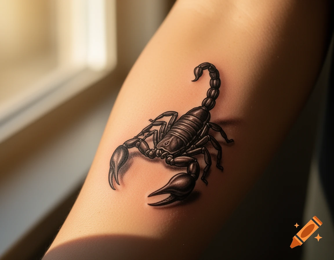 A detailed black and grey scorpion tattoo on a person's arm, illuminated by natural light.