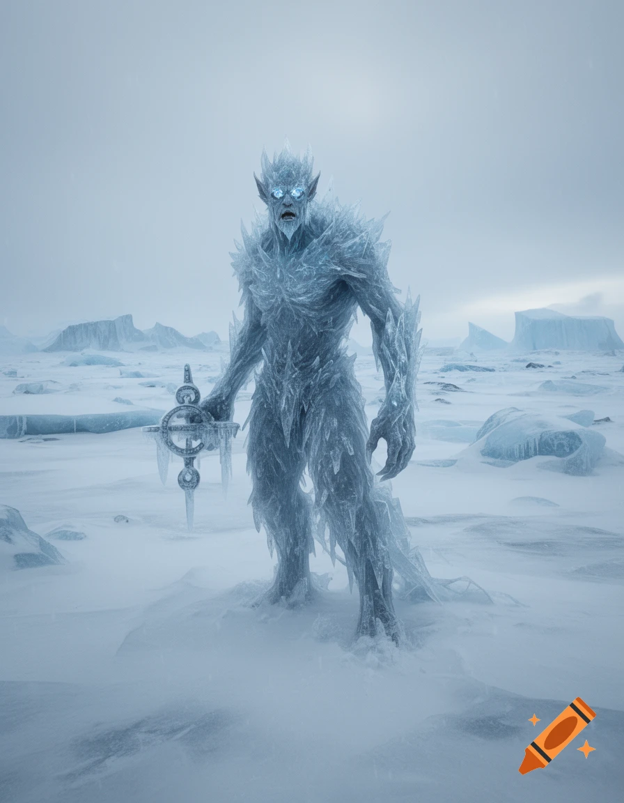 A formidable ice creature with glowing blue eyes, sharp ice shards, and an ice weapon stands in a desolate, snowy landscape.