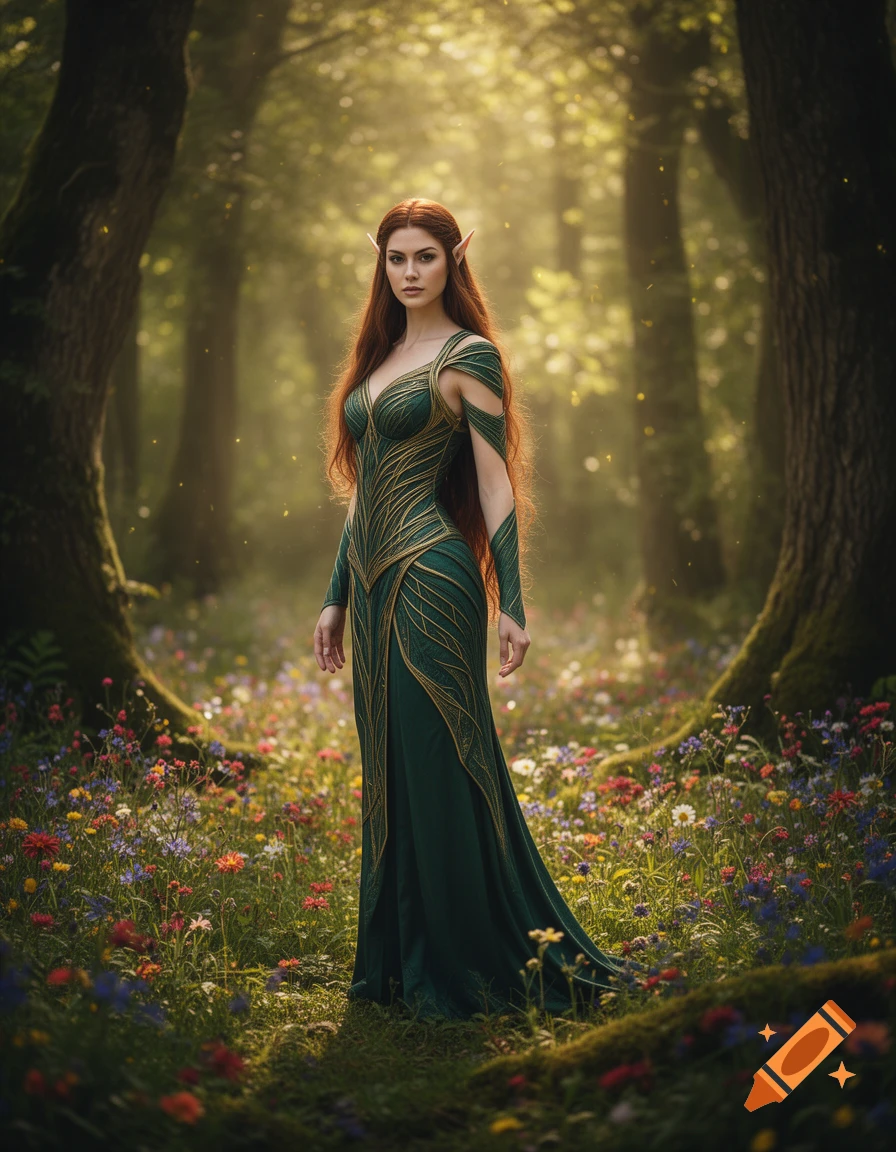 An elf woman with long reddish-brown hair and pointed ears, wearing a green and gold ornate dress, stands in a sun-dappled forest clearing with colorful wildflowers.