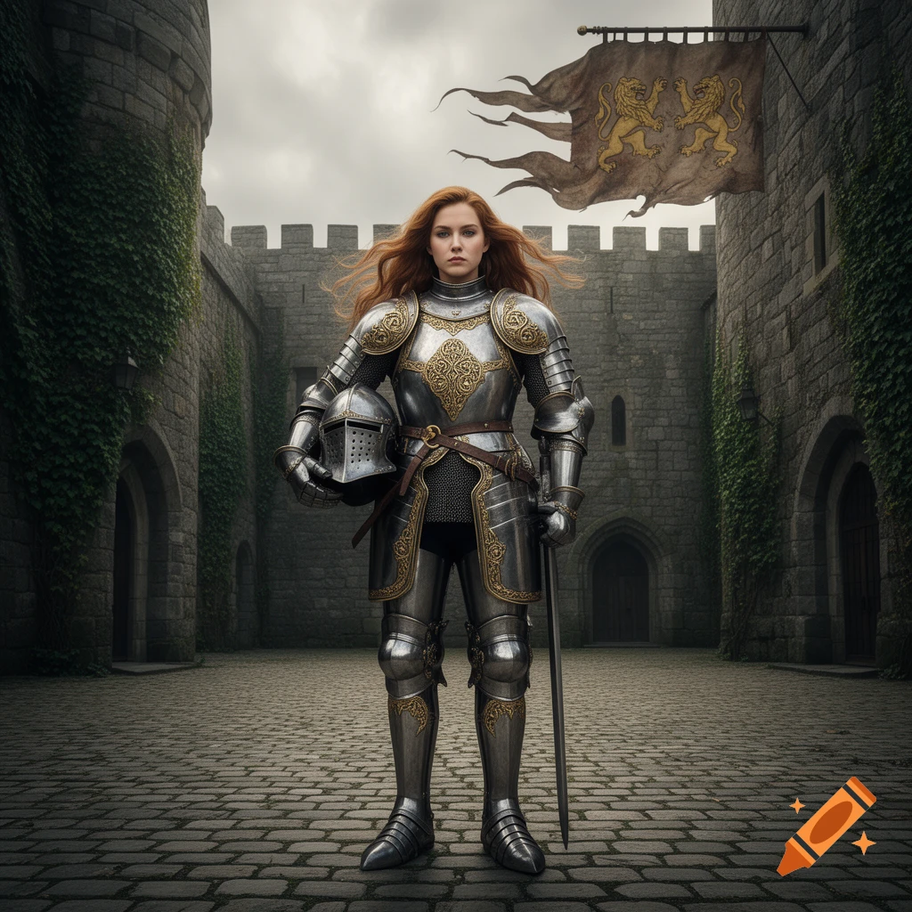 A woman with flowing red hair, wearing elaborate silver and gold armor, holds a helmet and a sword in a castle courtyard.