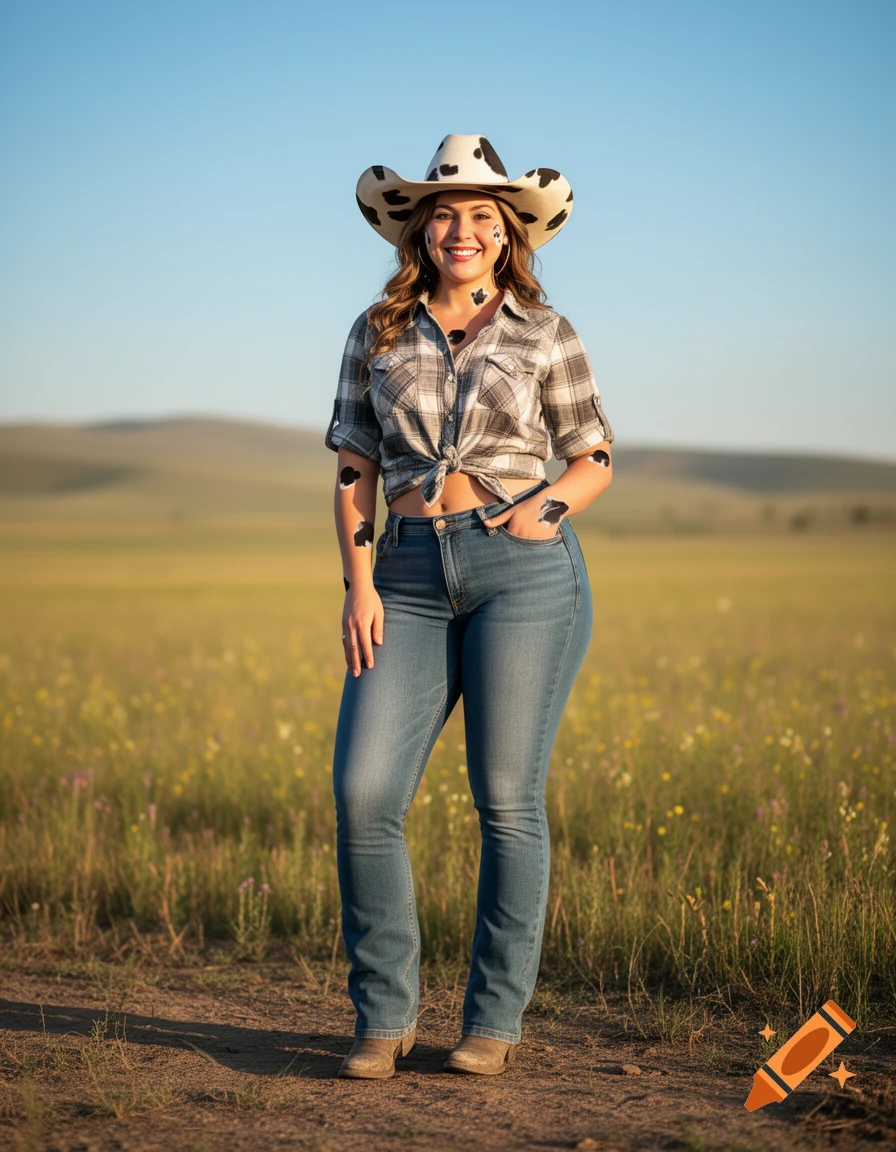 Smiling cowgirl with cow print hat and markings on her face and arms, wearing a plaid shirt and jeans, standing in a sunny grassy field.