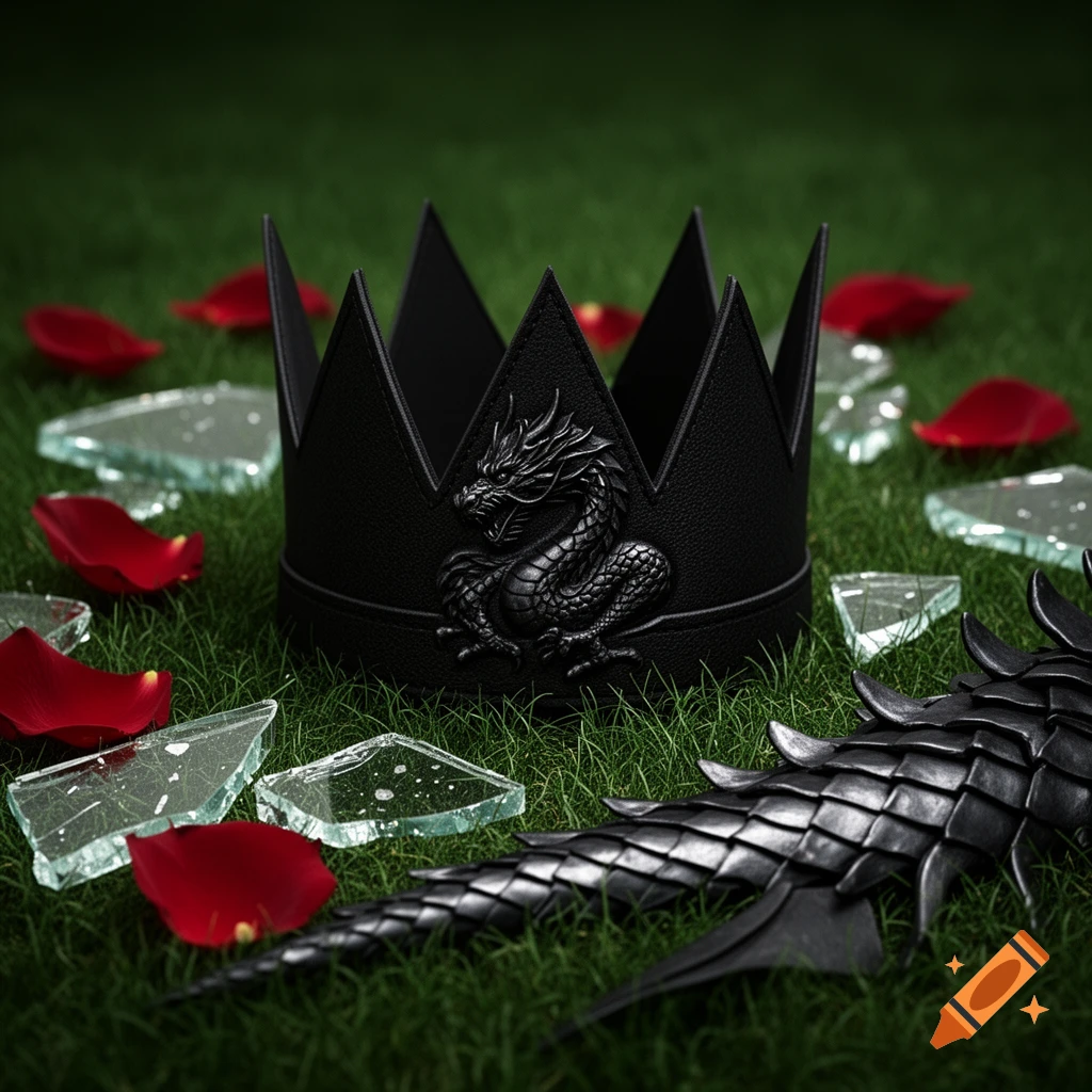 A black crown with a detailed dragon engraving sits on lush green grass, surrounded by red rose petals, broken glass shards, and black dragon scales.