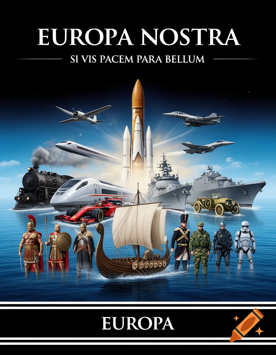 A poster depicting various European historical and futuristic figures, military vehicles, aircraft, trains, and a space shuttle, with text 'EUROPA NOSTRA' and 'SI VIS PACEM PARA BELLUM'.
