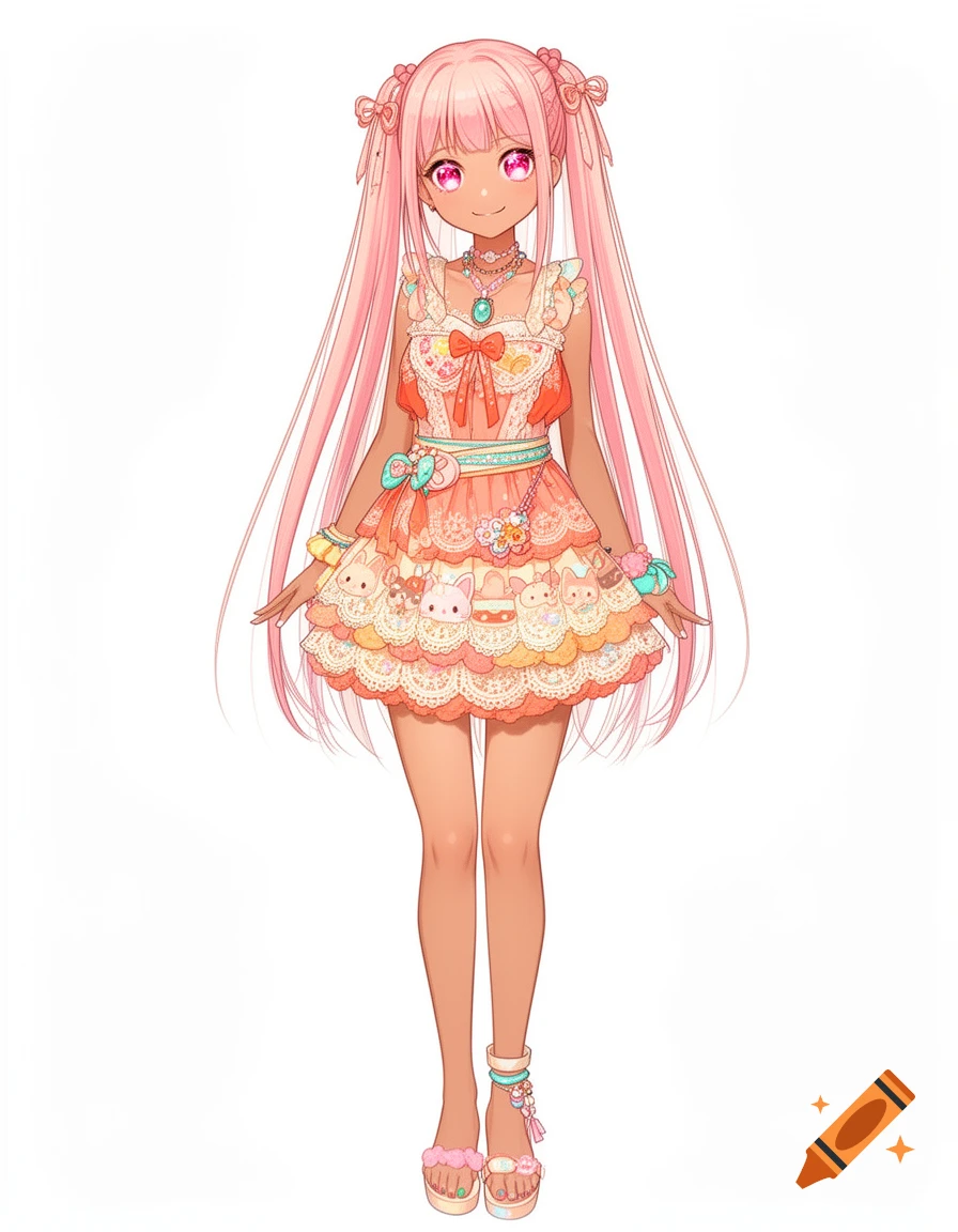 An anime girl with long pastel pink hair, pink eyes, and tan skin smiles. She wears a peach and cream layered lace dress with cute animal patterns, delicate jewelry, and pink sandals.